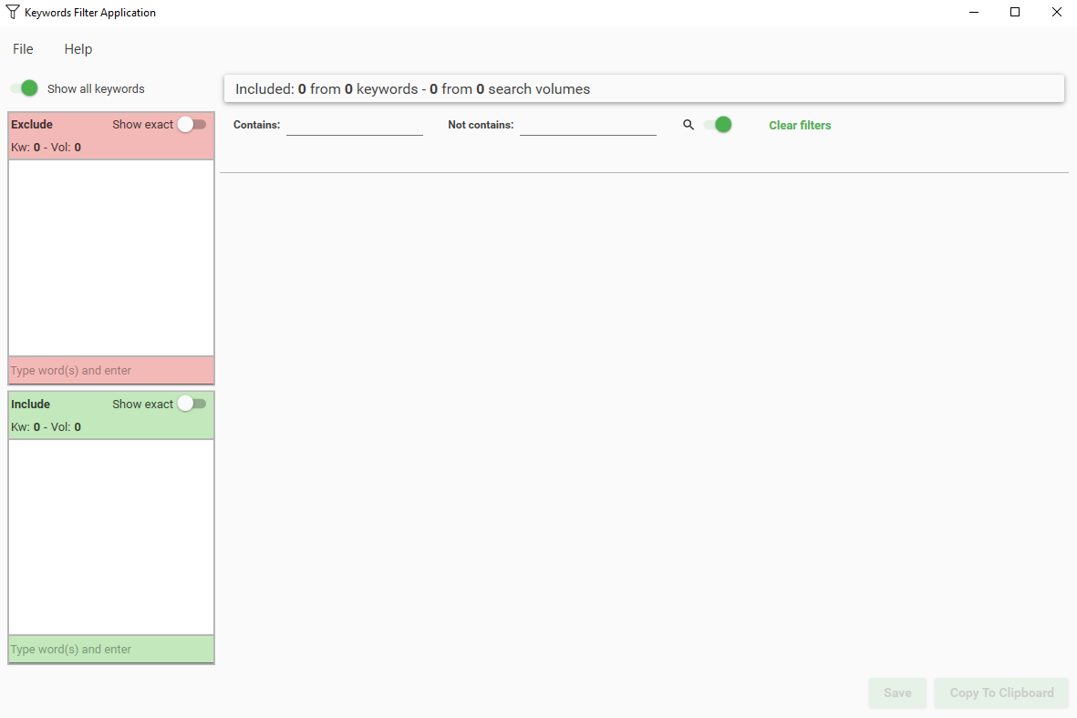 Screen of Keyword Filter Application