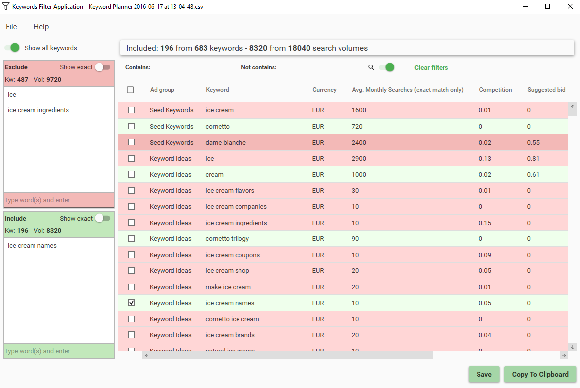 Screen of Keyword Filter Application