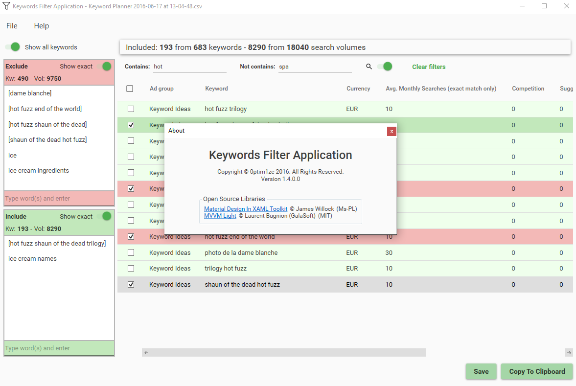 Screen of Keyword Filter Application